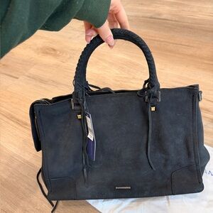 NWT Rebecca Minkoff Black Suede Leather Regan Satchel Tote